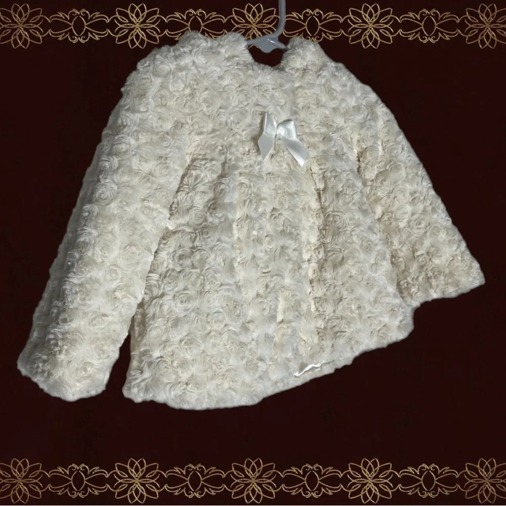 LONDON Fog Girl White Rosette Faux Fur Jacket 12 Month Coat Zipper Button Hooded